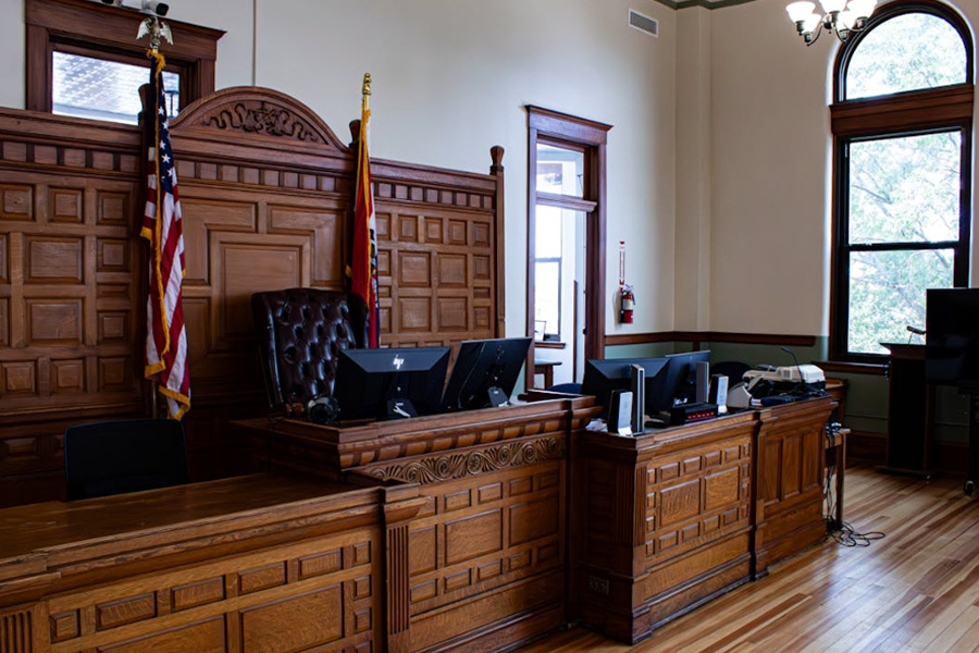 A courthouse with an American flag